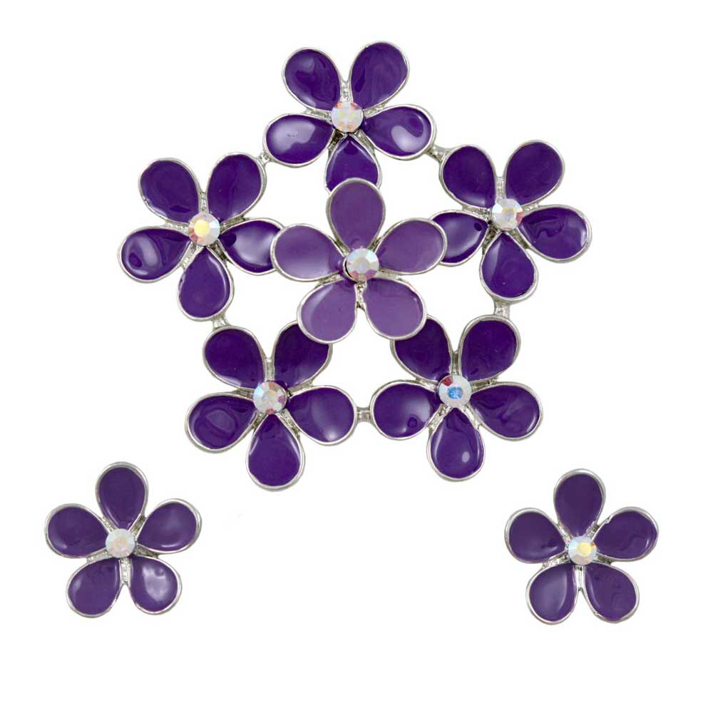 Shades of Purple Daisies Brooch Pin and Earring Set - PRL178BS - Lilylin Designs