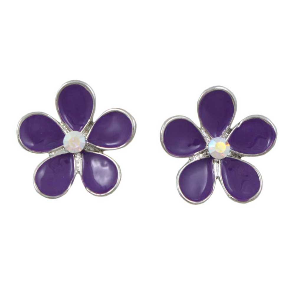 Purple Enamel Daisy with Crystal Center Pierced Earring - PRL178E - Lilylin Designs