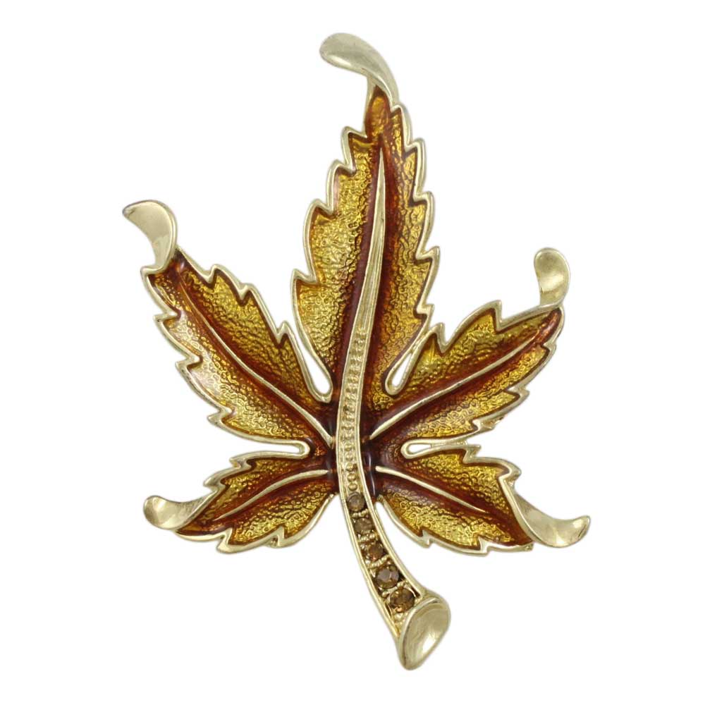 Lilylin Designs Brown Enamel and Crystal Maple Leaf Brooch Pin