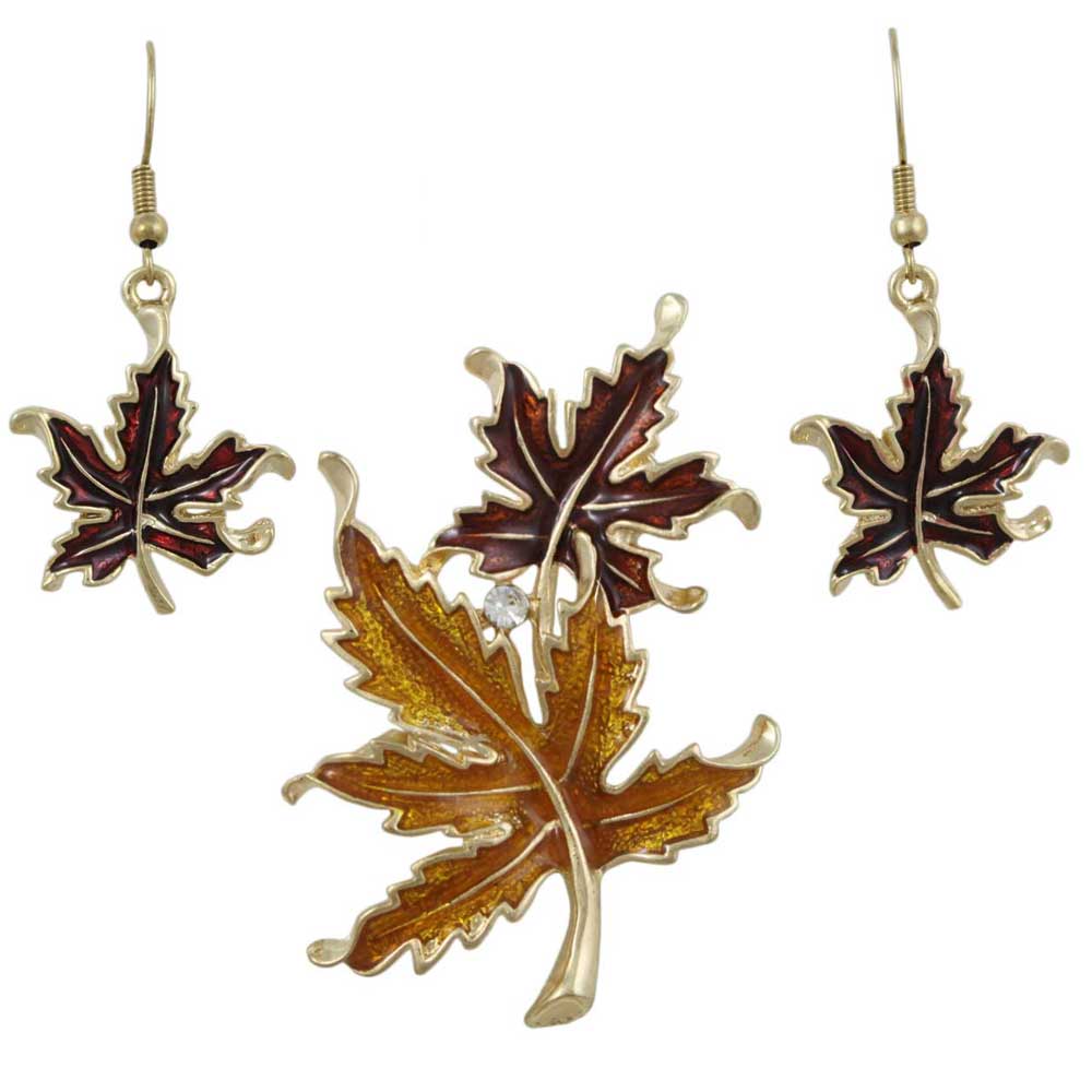Burgundy and Gold Maple Leaves Pin and Earring Set - PRL341BSB - Lilylin Designs