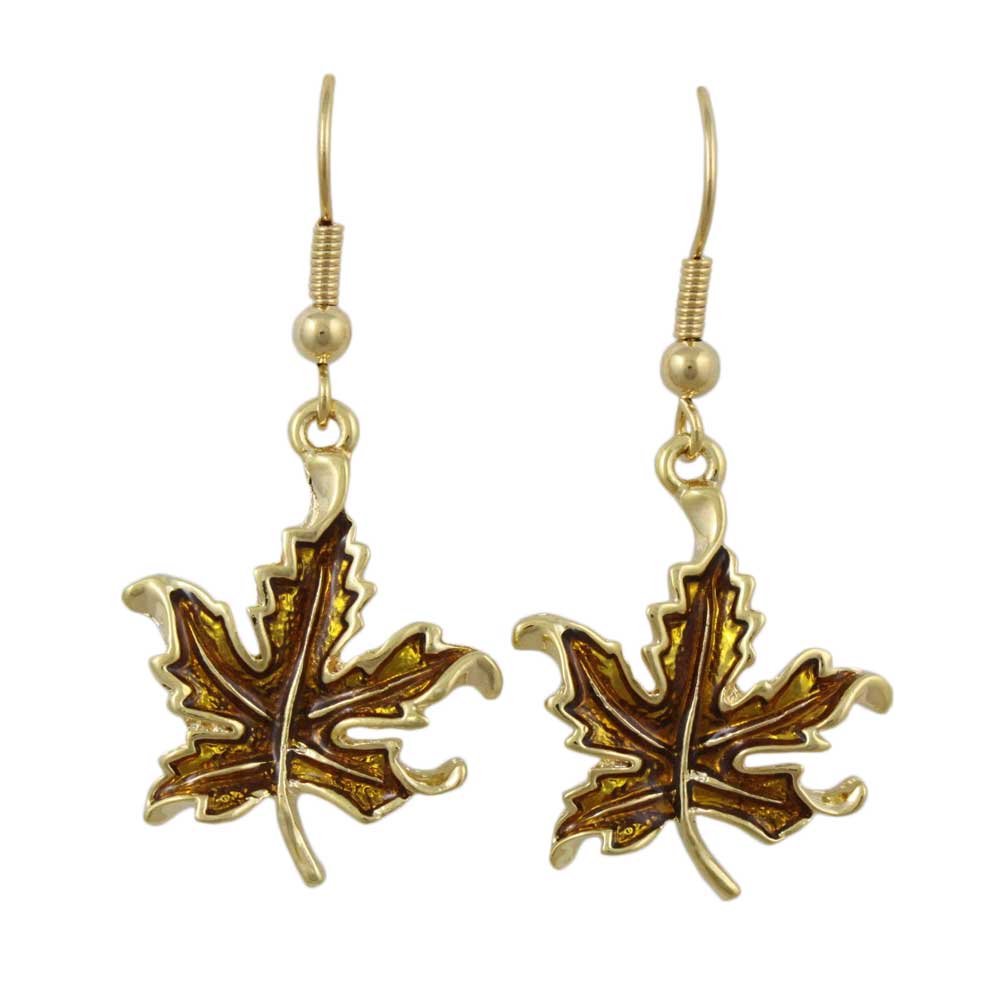 Gold Enamel Maple Leaf Dangling Pierced Earring - PRL341E - Lilylin Designs