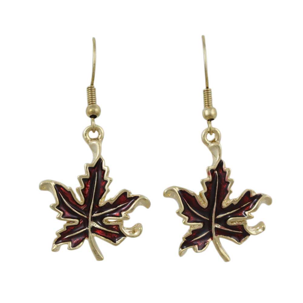 Lilylin Designs Burgundy Enamel Maple Leaf Dangling Pierced Earring