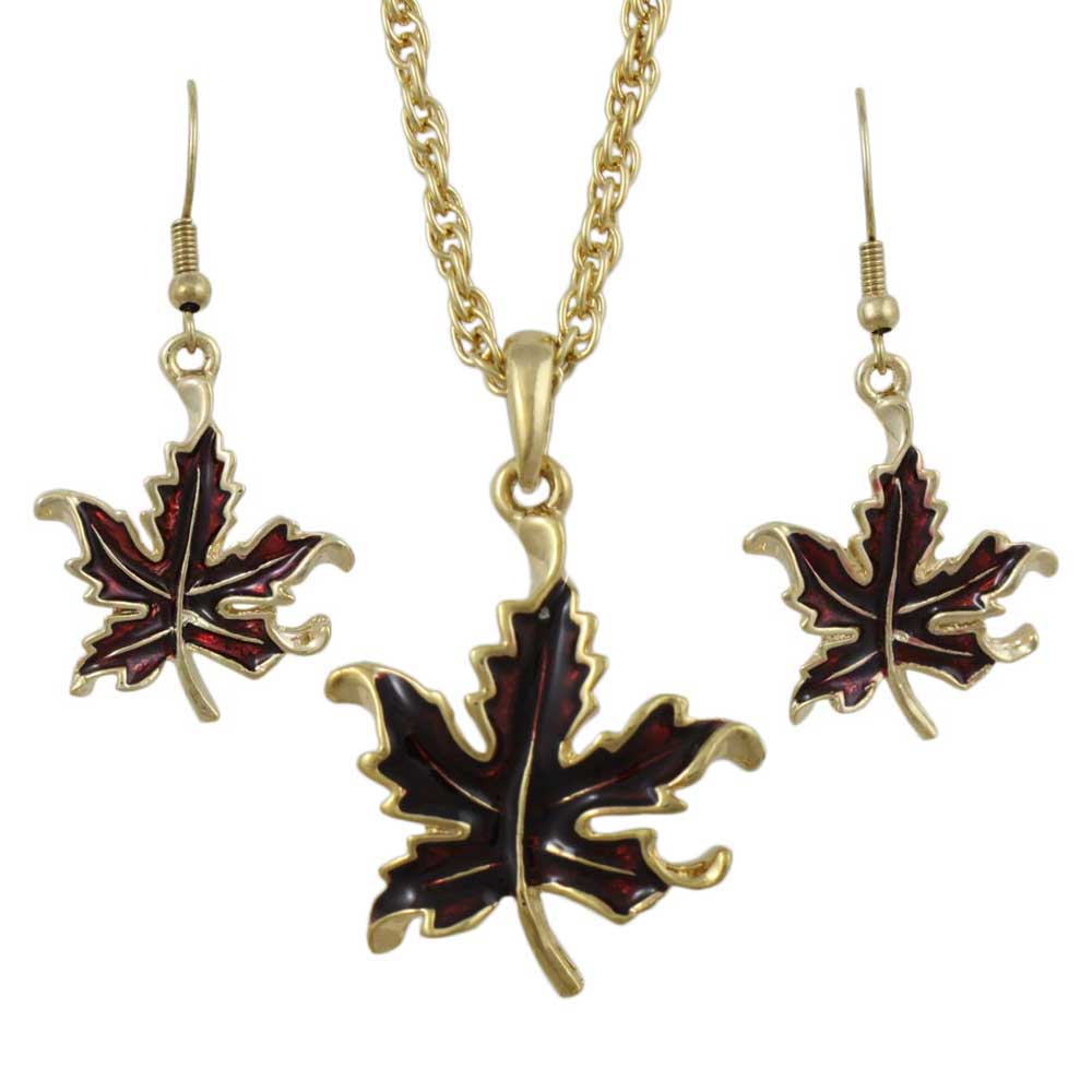 Burgundy Enamel Maple Leaf Necklace and Earring Set - PRL341NBS - Lilylin Designs