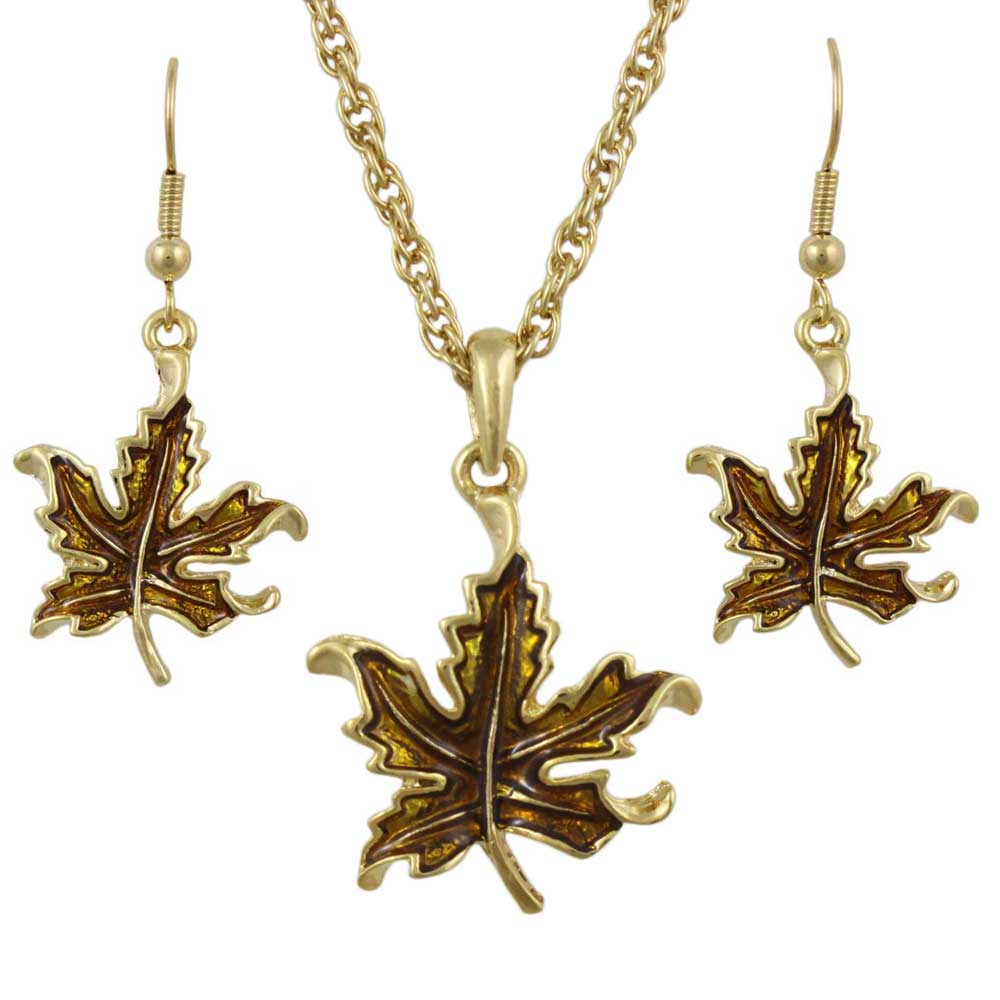 Dark Gold Enamel Maple Leaf Necklace and Earring Set - PRL341NS - Lilylin Designs