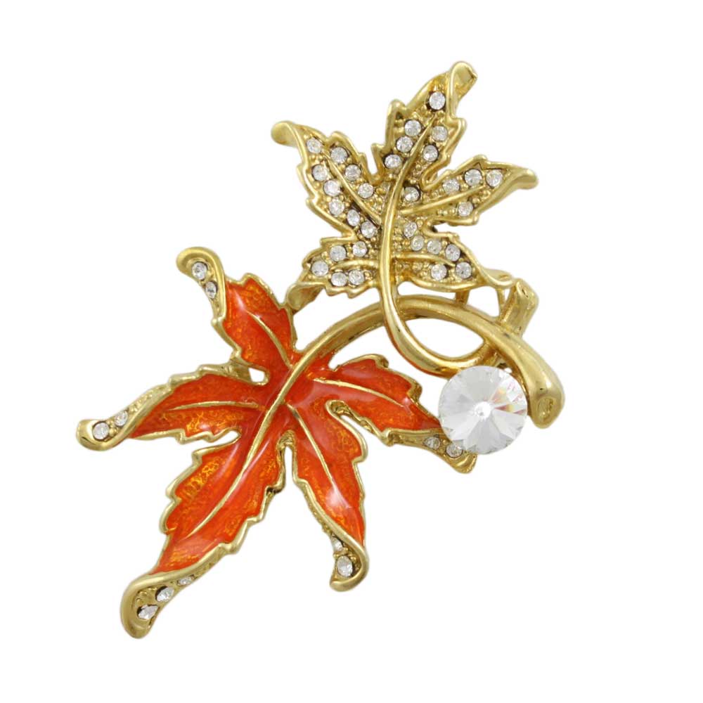 Crystal and Orange Enamel Maple Leaves Brooch Pin - PRL344 - Lilylin Designs