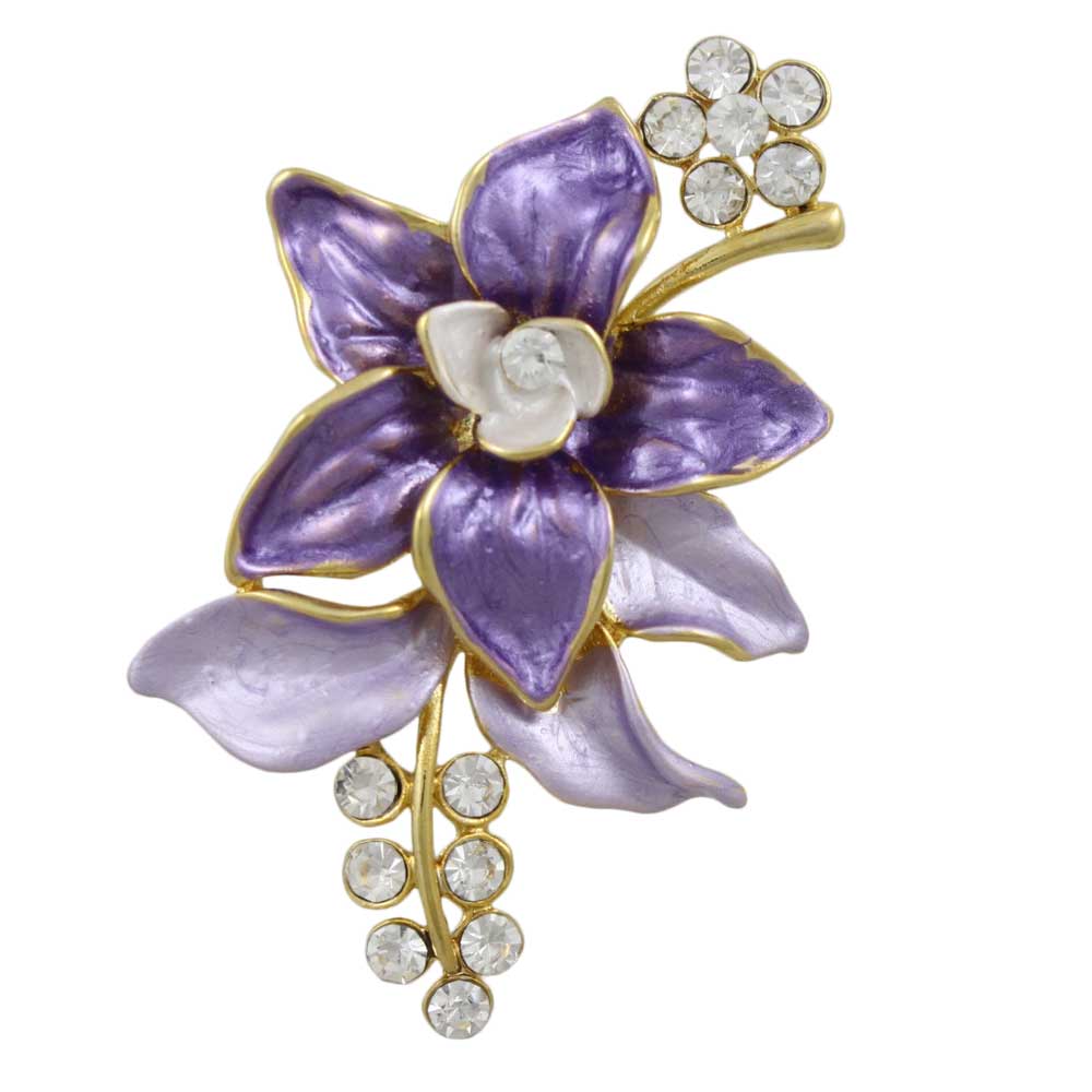 Lilylin Designs Purple and Lilac Enamel and Crystal Flower Brooch Pin