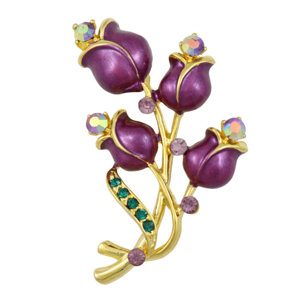 Deep Purple Enamel Roses with Crystals Brooch Pin - PRL414 - Lilylin Designs