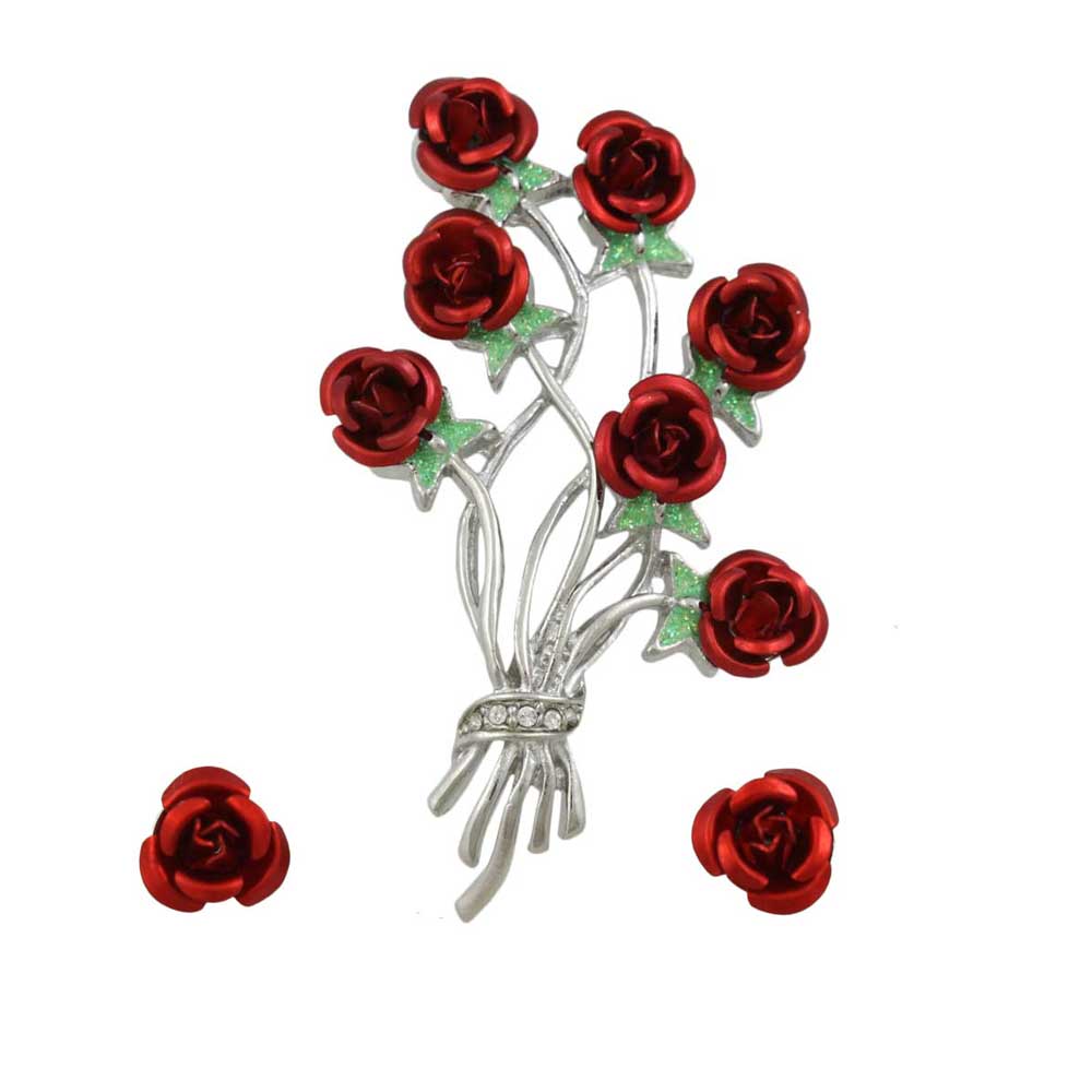 Lilylin Designs Bunch of Red Roses Brooch Pin and Rose Earring Set