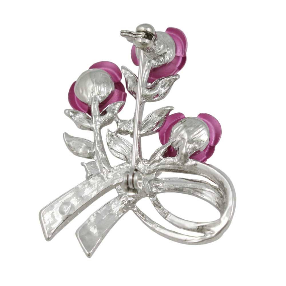 Pink Roses with Silver Crystal Leaves Flower Brooch Pin - PRL421S - Lilylin Designs