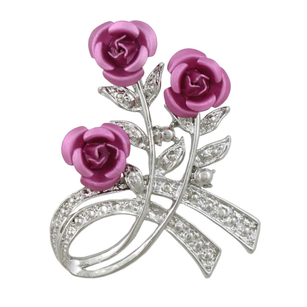 Pink Roses with Silver Crystal Leaves Flower Brooch Pin - PRL421S - Lilylin Designs