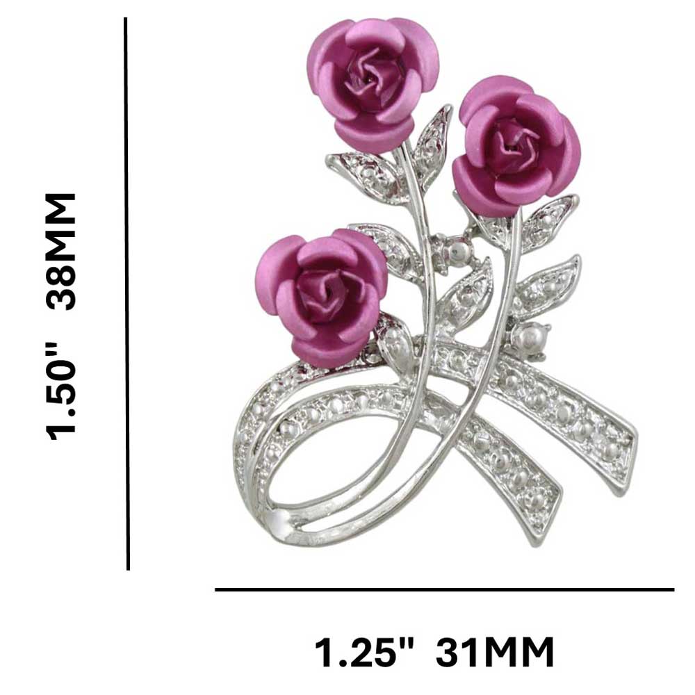 Pink Roses with Silver Crystal Leaves Flower Brooch Pin - PRL421S - Lilylin Designs