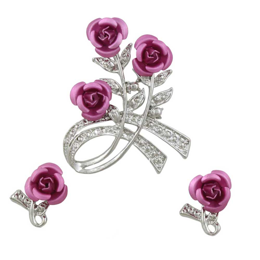 Pink Roses Brooch Pin with Rose Earring Gift Set - PRL421SBS - Lilylin Designs