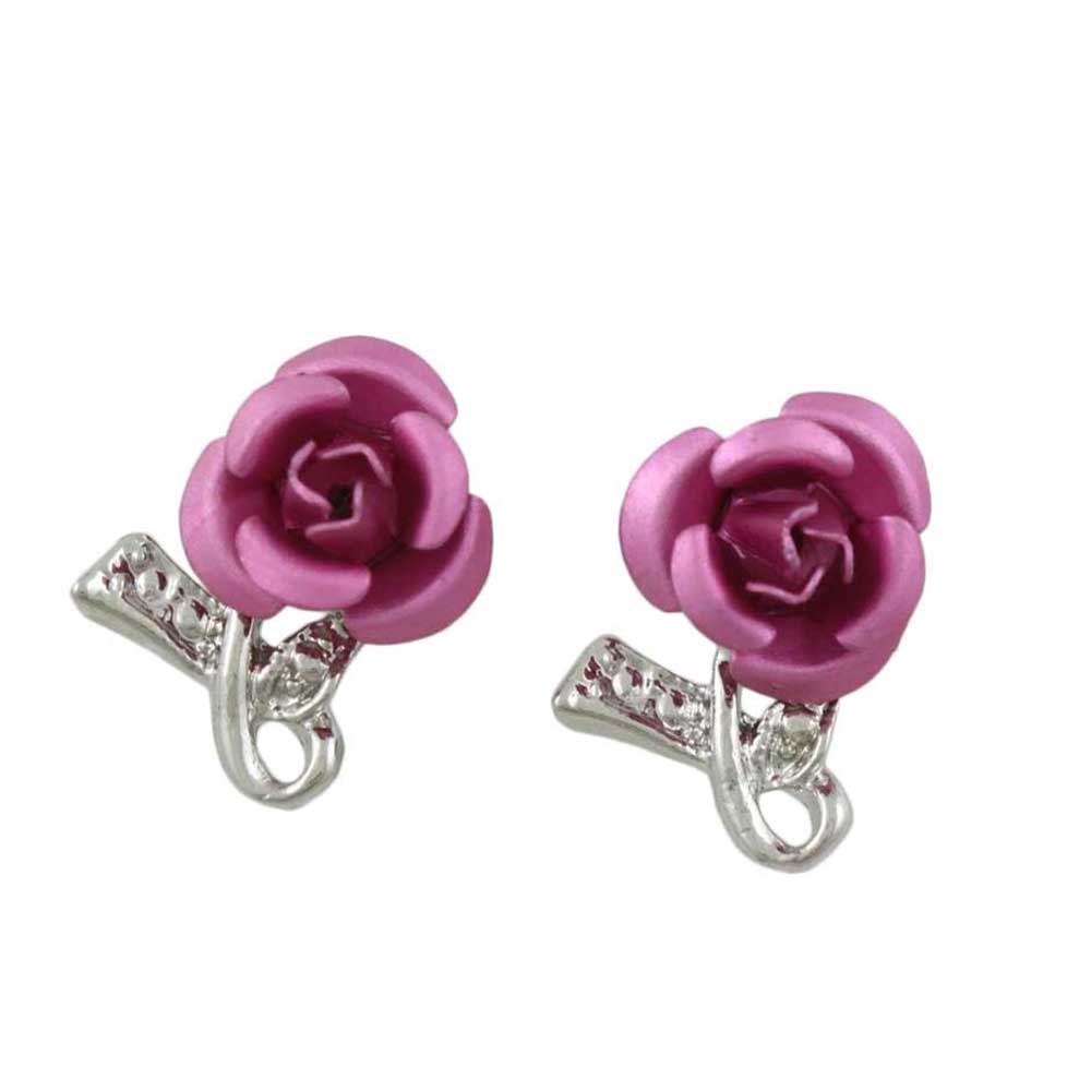 Pink Rose with Silver Textured Loop Pierced Earring - PRL421SEP - Lilylin Designs