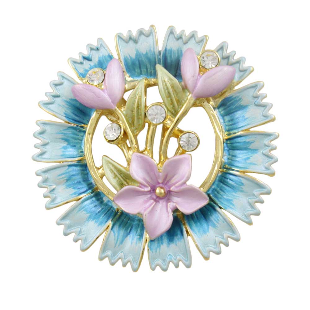 Blue Spiky Wreath with Lavender Flowers Brooch Pin - PRL541 - Lilylin Designs