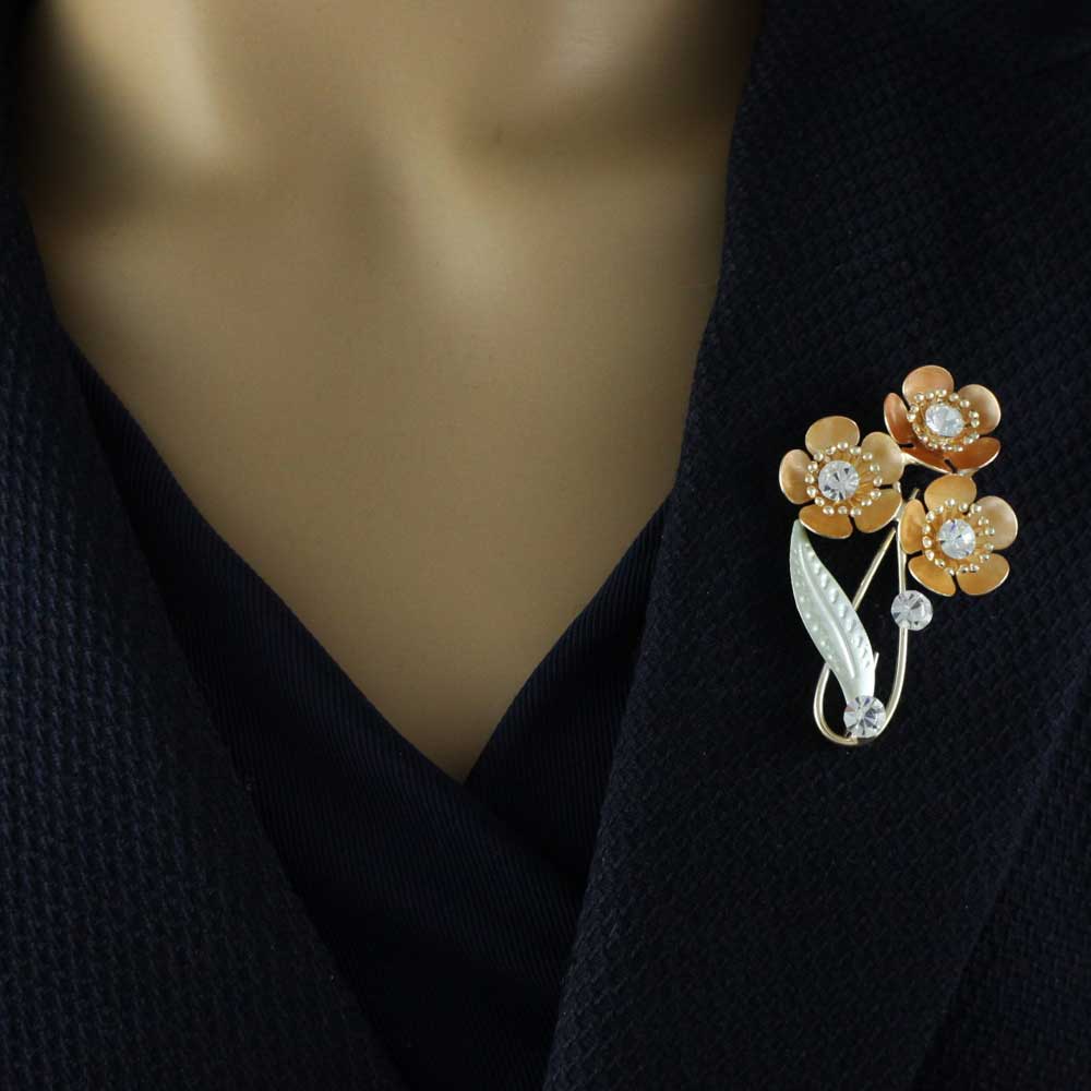 3 Orange Enamel and Crystal Flowers Brooch Pin - PRL574 - Lilylin Designs