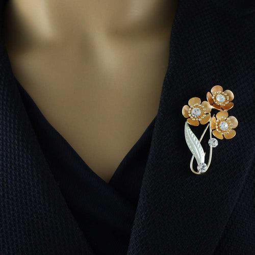 3 Orange Enamel and Crystal Flowers Brooch Pin on navy blue jacket | Lilylin Designs