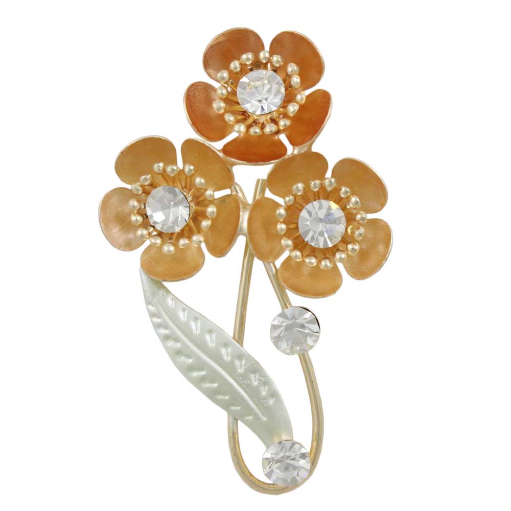 3 Orange Enamel and Crystal Flowers Brooch Pin - PRL574 - Lilylin Designs