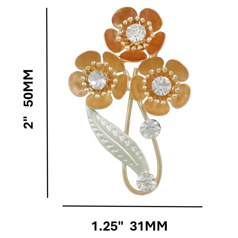 3 Orange Enamel and Crystal Flowers Brooch Pin - PRL574 - Lilylin Designs