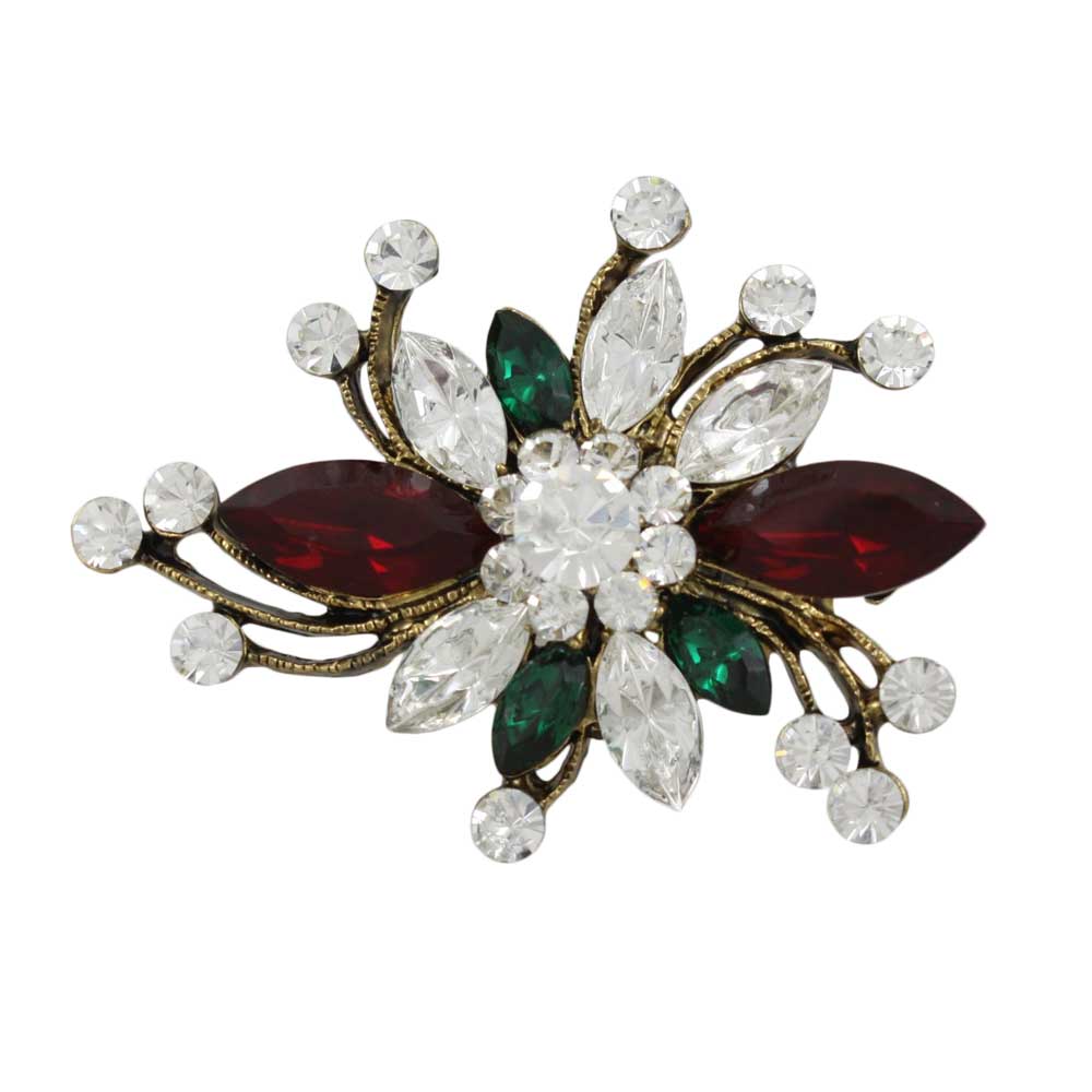 Red Green and Clear Crystals Floral Spray Flower Brooch Pin - PRL607RD - Lilylin Designs