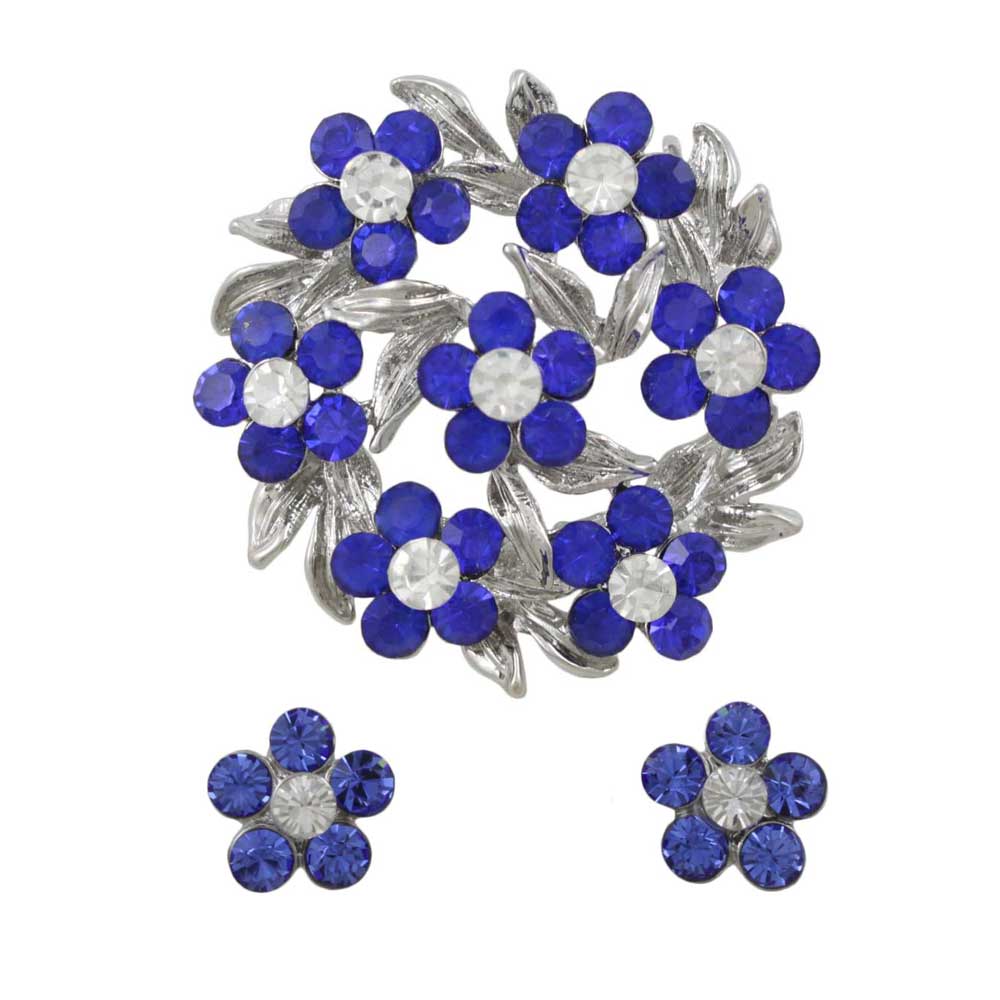 Wreath of Blue Crystal Daisies Pin with Daisy Earring Set - PRL702BS - Lilylin Designs