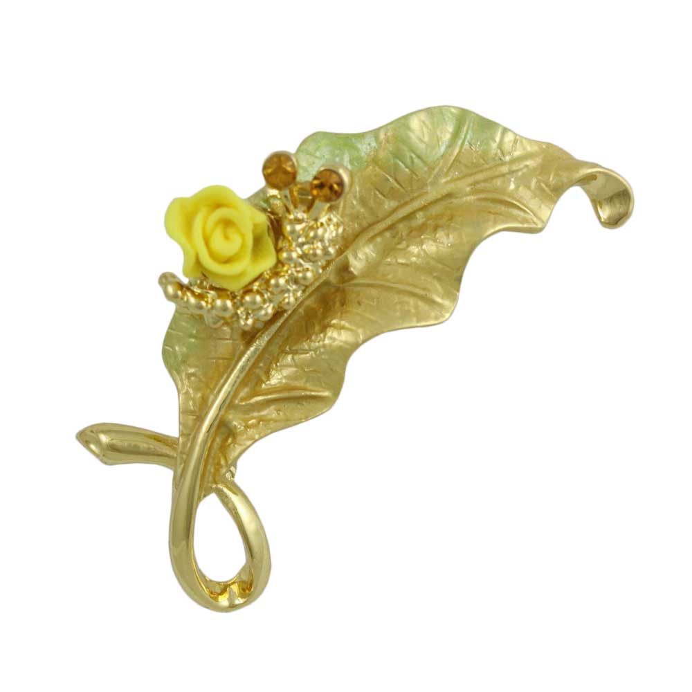 Leaf with Yellow Rose and Crystal Snail Brooch Pin - PRL739 - Lilylin Designs