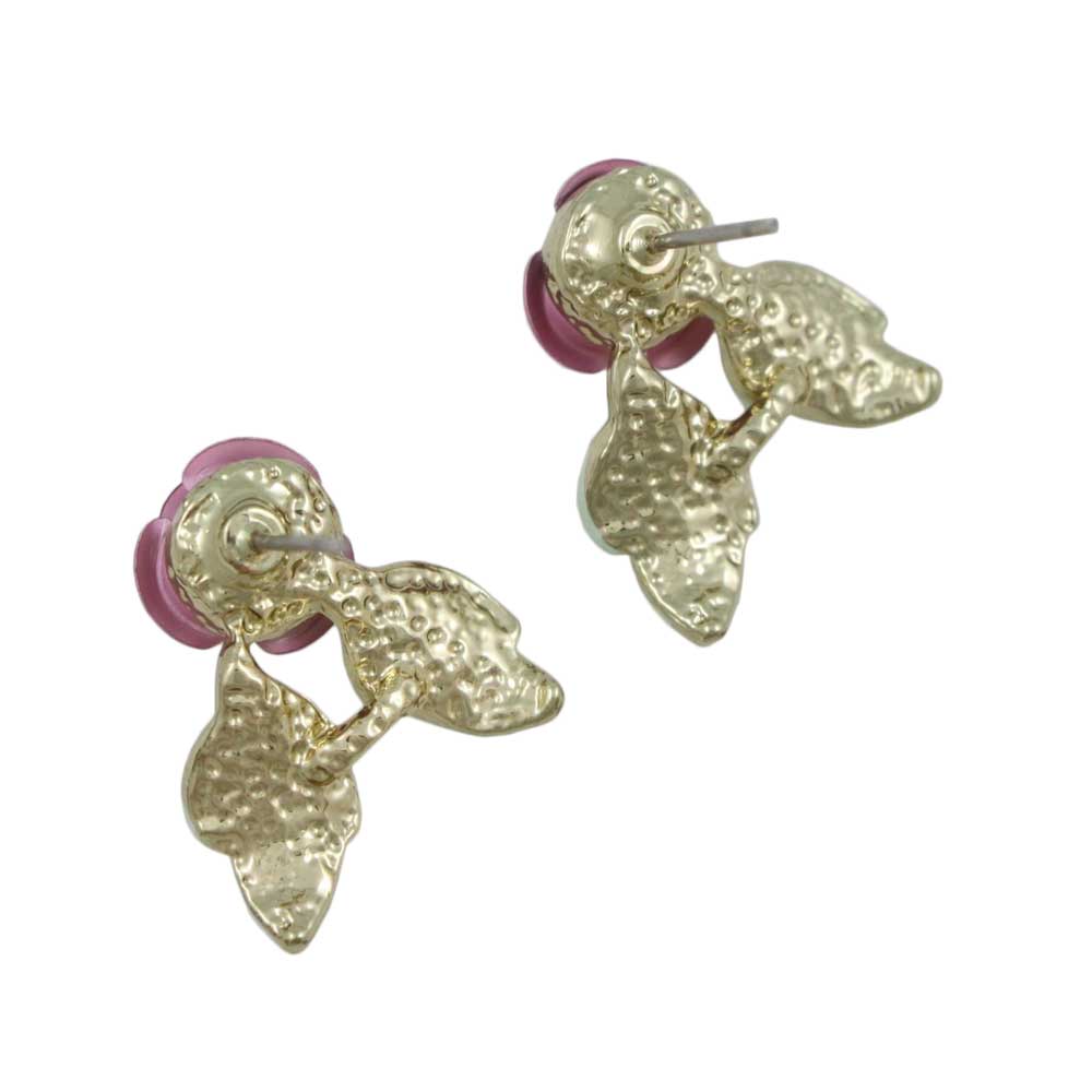 Pink Rose with Green Enamel Leaves Pierced Earring - PRL757EP - Lilylin Designs