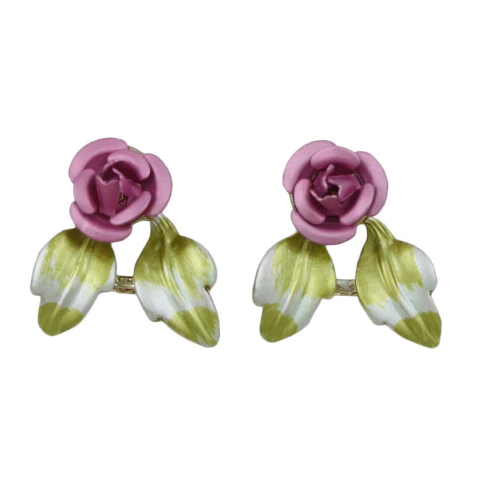 Pink Rose with Green Enamel Leaves Pierced Earring - PRL757EP - Lilylin Designs