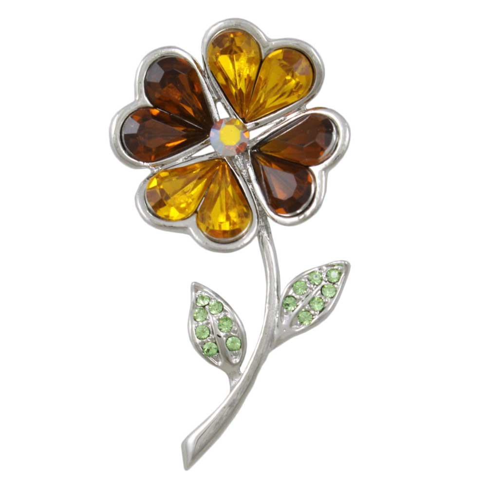 Brown Sunflower with Crystal Leaves Brooch Pin - PRL831 - Lilylin Designs