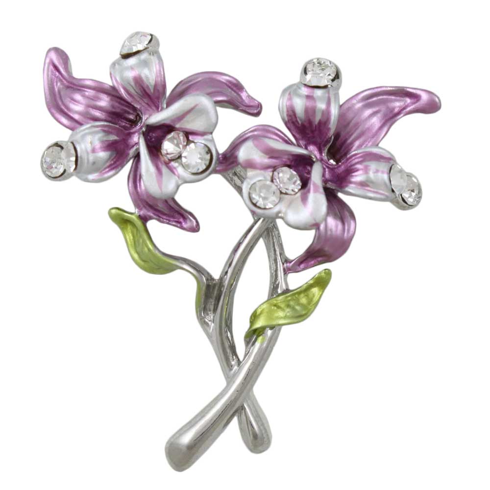 Purple Enamel and Crystal Orchids Flower Brooch Pin - PRL843 - Lilylin Designs