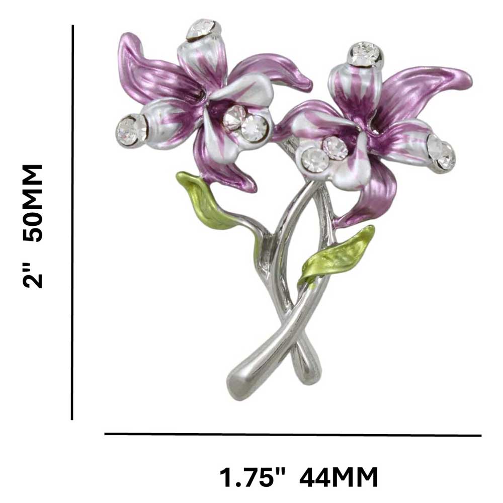 Purple Enamel and Crystal Orchids Flower Brooch Pin - PRL843 - Lilylin Designs