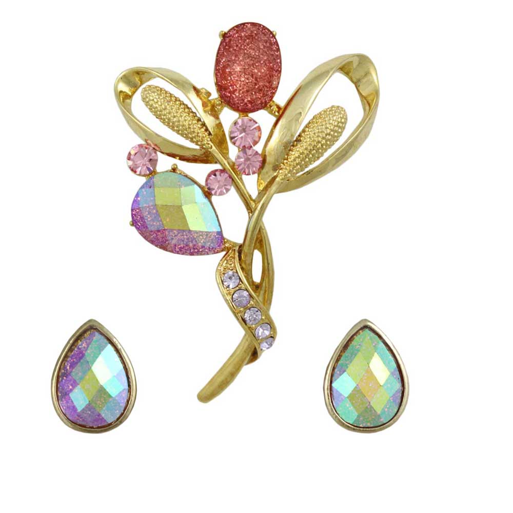 Sparkle in Pink Flower Pin with Teardrop Earring Set - PRL851BS - Lilylin Designs