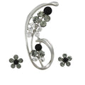 Crystal Flower Brooch Pin and Black Daisy Earring Set - PRL903BS - Lilylin Designs