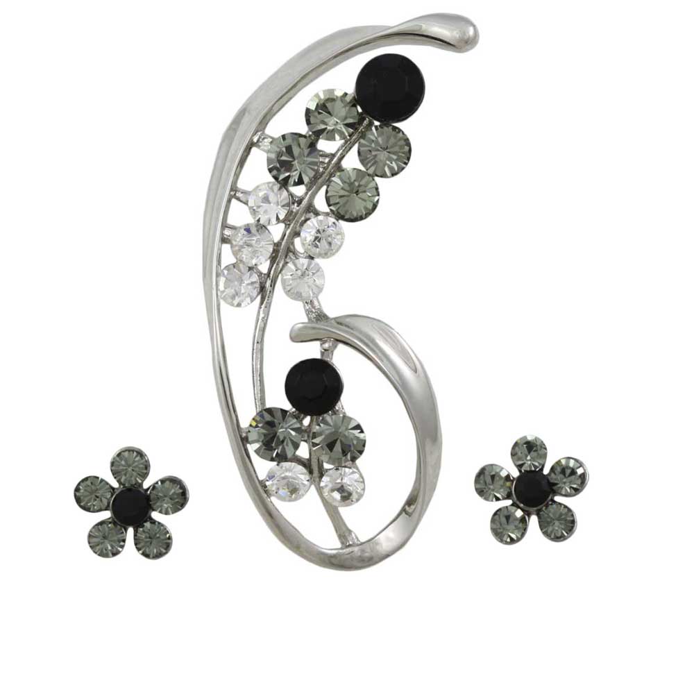 Crystal Flower Brooch Pin and Black Daisy Earring Set - PRL903BS - Lilylin Designs
