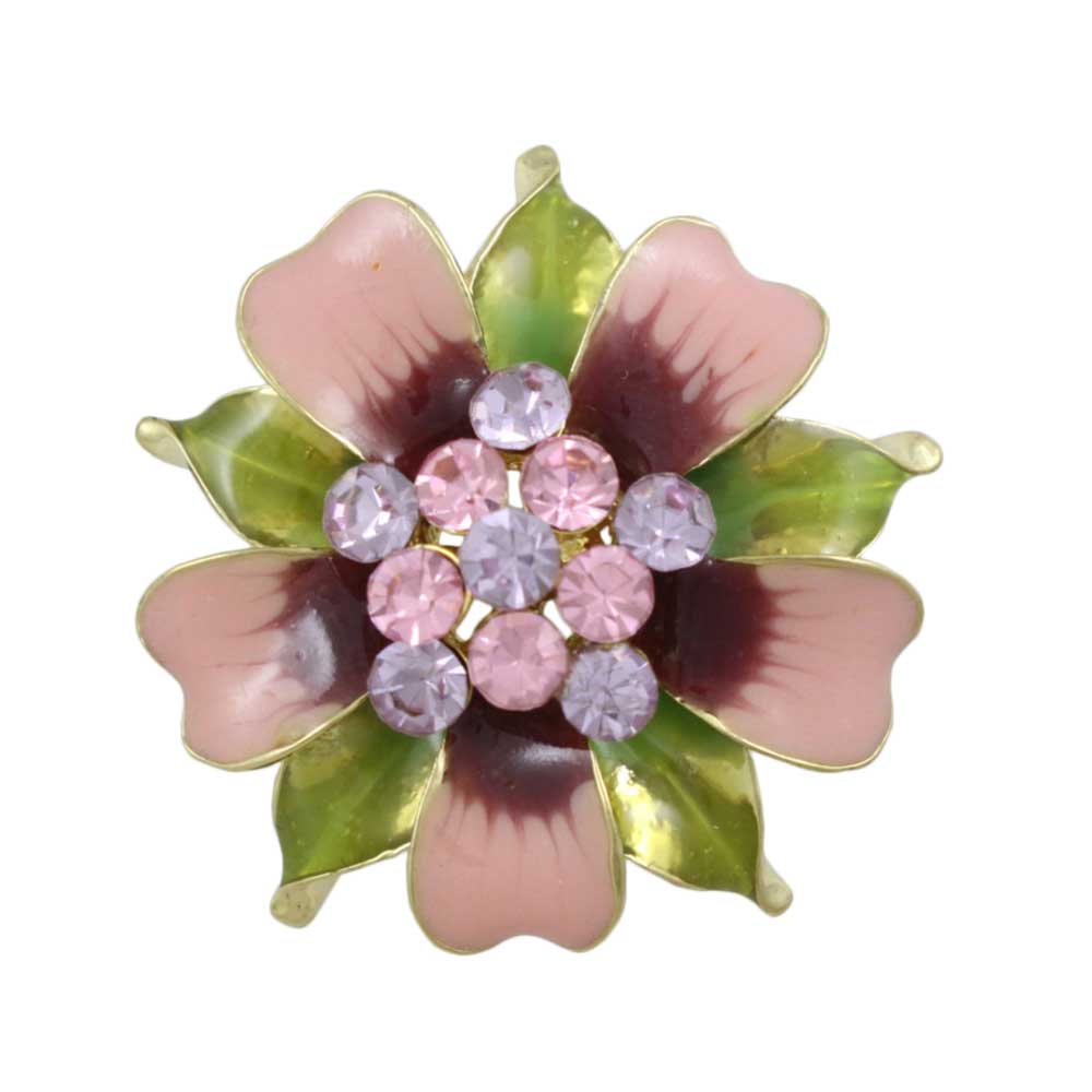 Lilylin Designs Pink and Green Enamel Flower with Crystals Brooch Pin