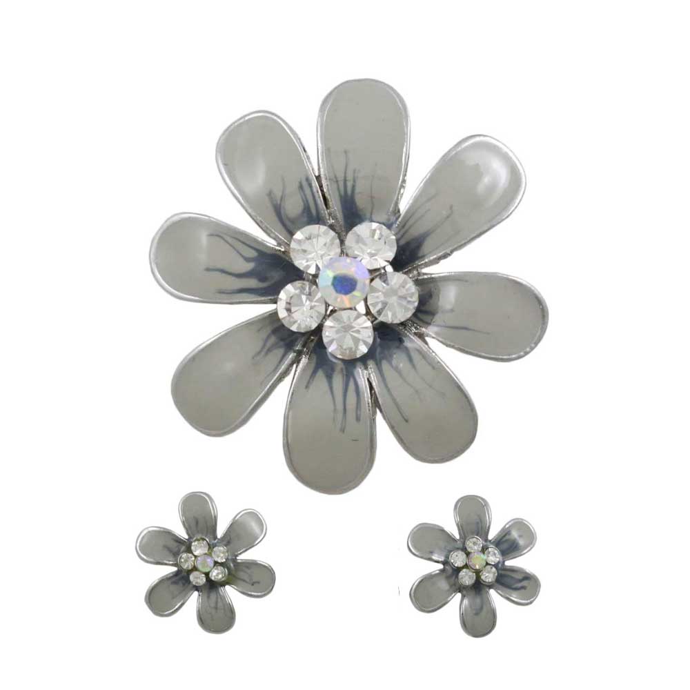 Blue Gray Flower Brooch Pin and Earring Gift Set - PRL909BS - Lilylin Designs