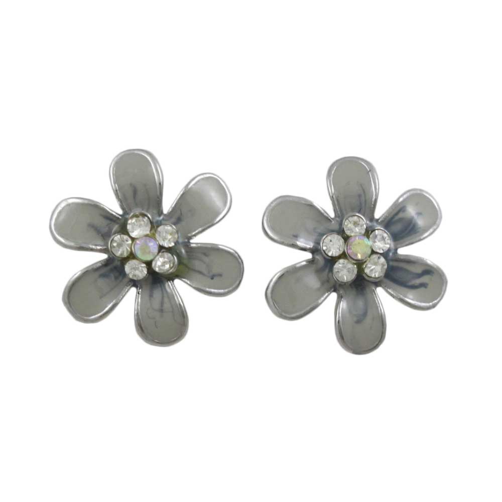Gray and Blue Enamel Daisy with Crystals Pierced Earring - PRL909E - Lilylin Designs