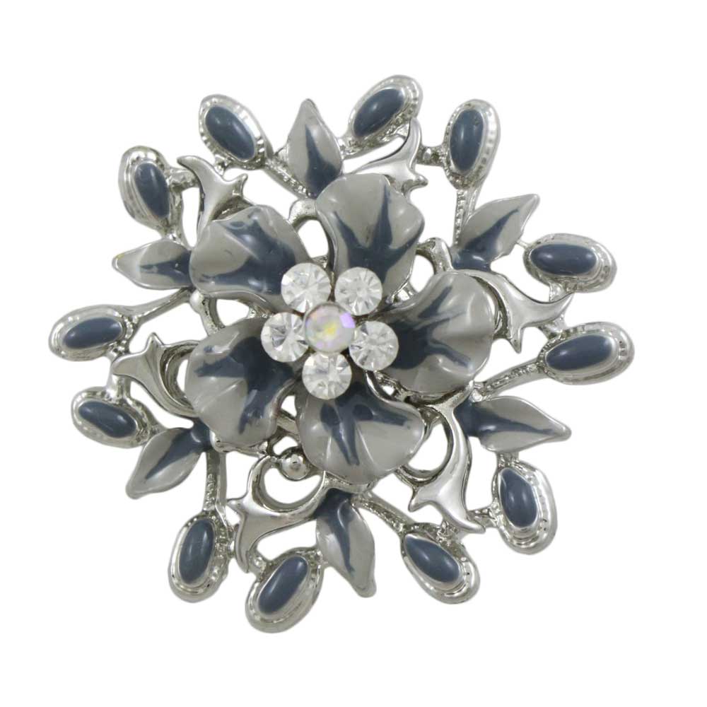 Lilylin Designs Gray with Blue Flower and Leaves Daisy Brooch Pin