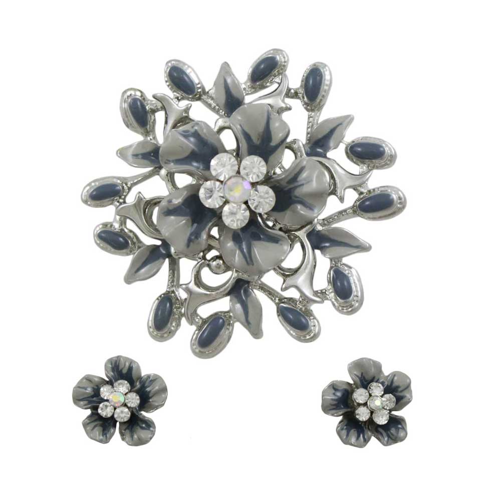 Lilylin Designs Gray Enamel and Crystal Flower Pin and Earring Set