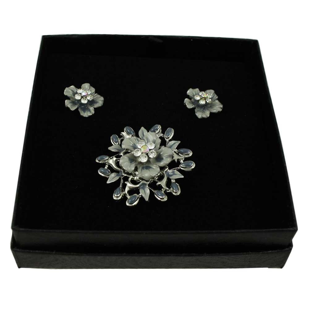 Lilylin Designs Gray Enamel and Crystal Flower Pin and Earring Set