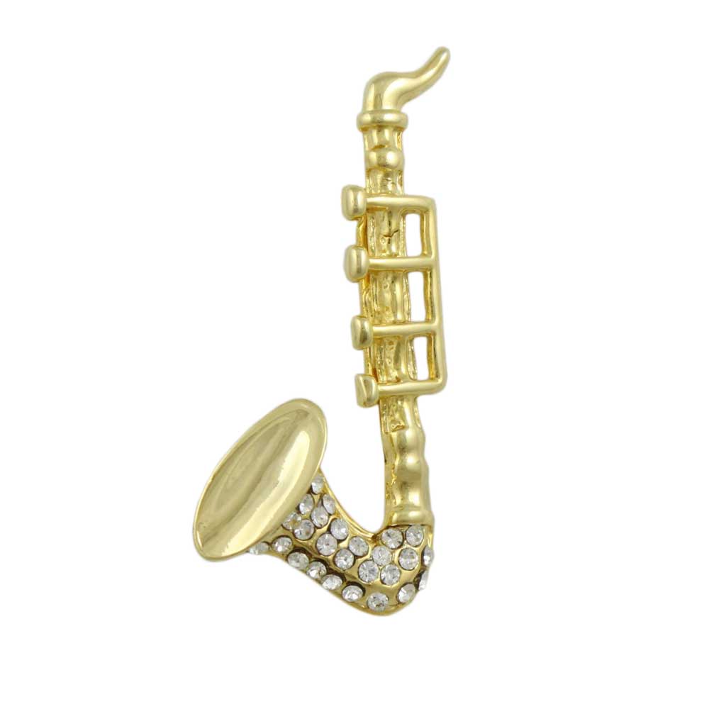 Lilylin Designs Small Gold and Crystal Saxophone Music Brooch Pin