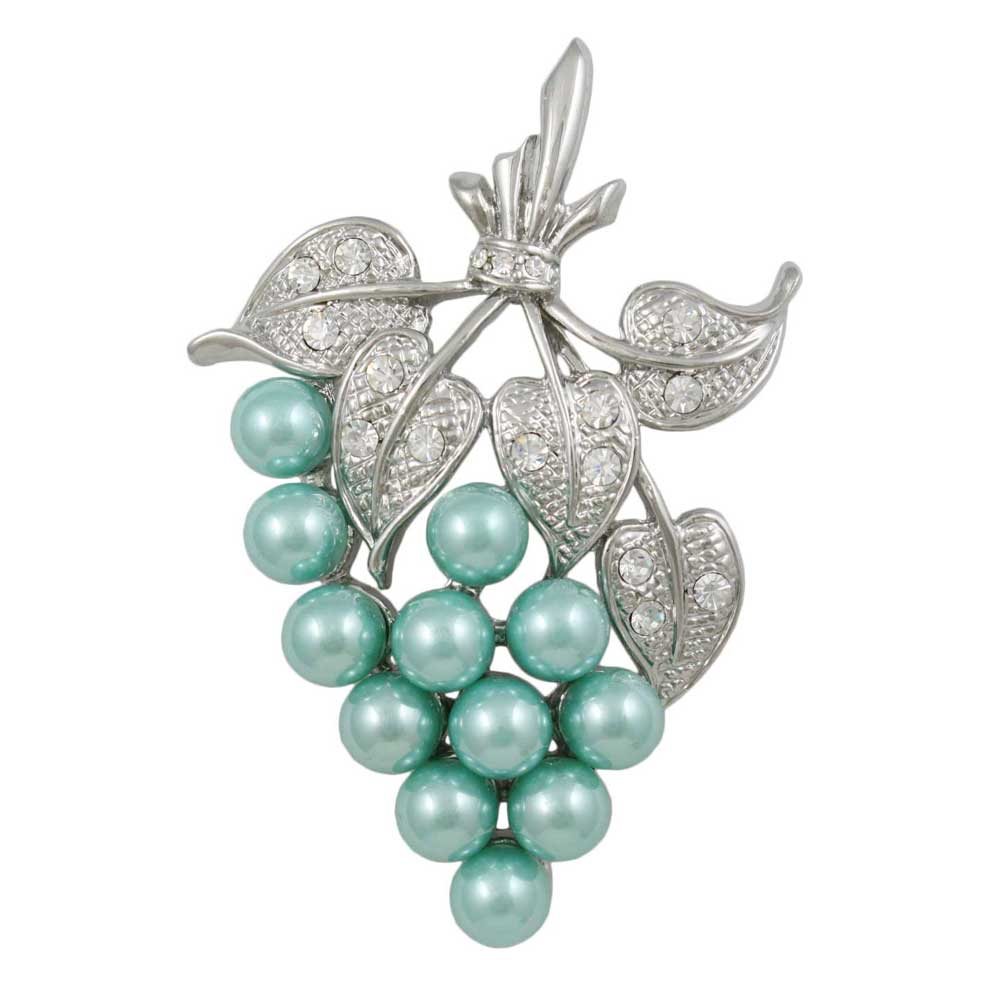 Green Pearl Grapes with Crystal Leaves Brooch Pin - PRP034GN - Lilylin Designs