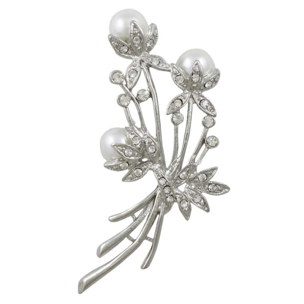Lilylin Designs White Pearls with Clear Crystals Flower Buds Pin
