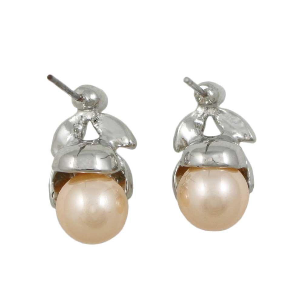 Peach Pearl with Clear Crystal Leaves Stud Earring - PRP040E - Lilylin Designs