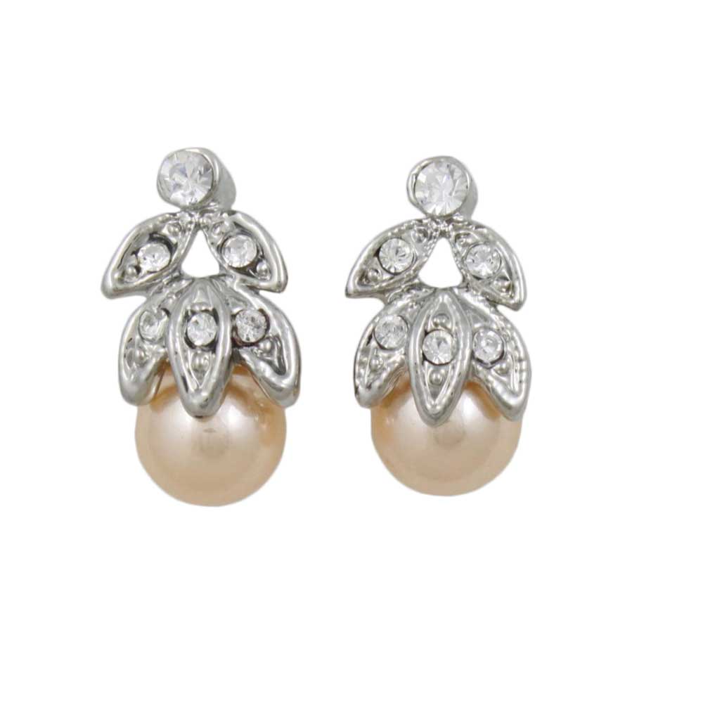 Peach Pearl with Clear Crystal Leaves Stud Earring - PRP040E - Lilylin Designs