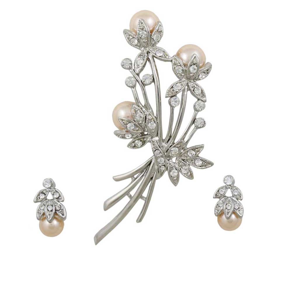 Crystal and Peach Pearl Buds Pin with Earring Gift Set - PRP040PBS - Lilylin Designs