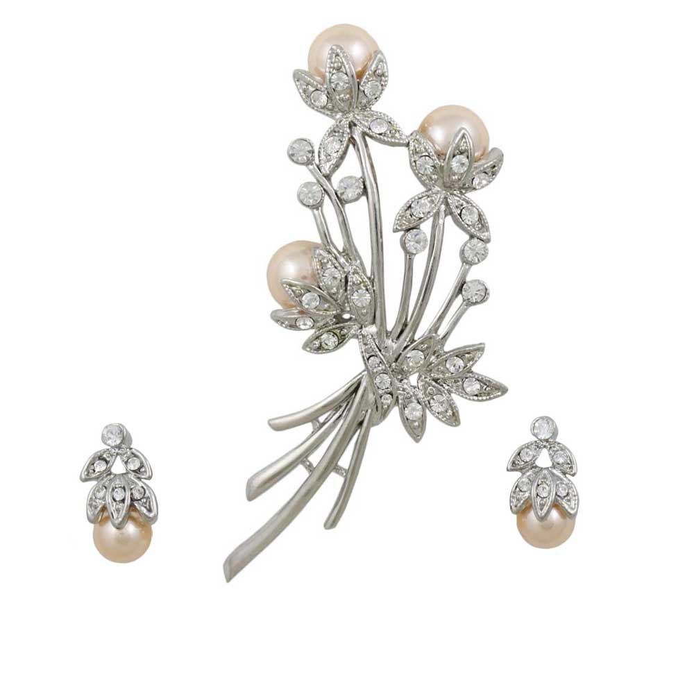 Lilylin Designs Crystal and Peach Pearl Buds Pin with Earring Gift Set