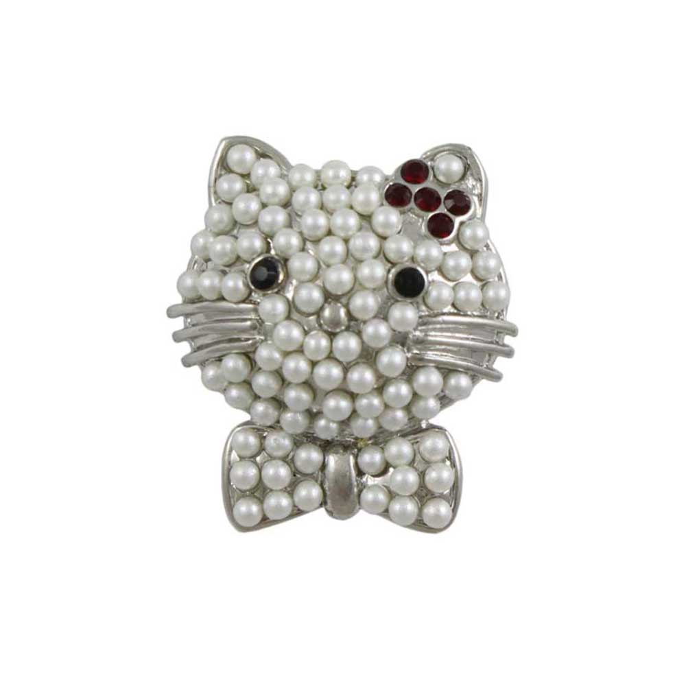 Lilylin Designs Pearl Studded Cat Head with Red Crystal Bow Brooch Pin