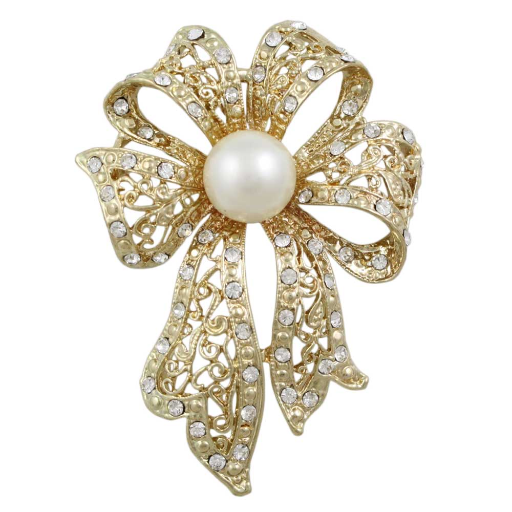 Lilylin Designs Large Gold Filigree Crystal Bow with White Pearl Pin