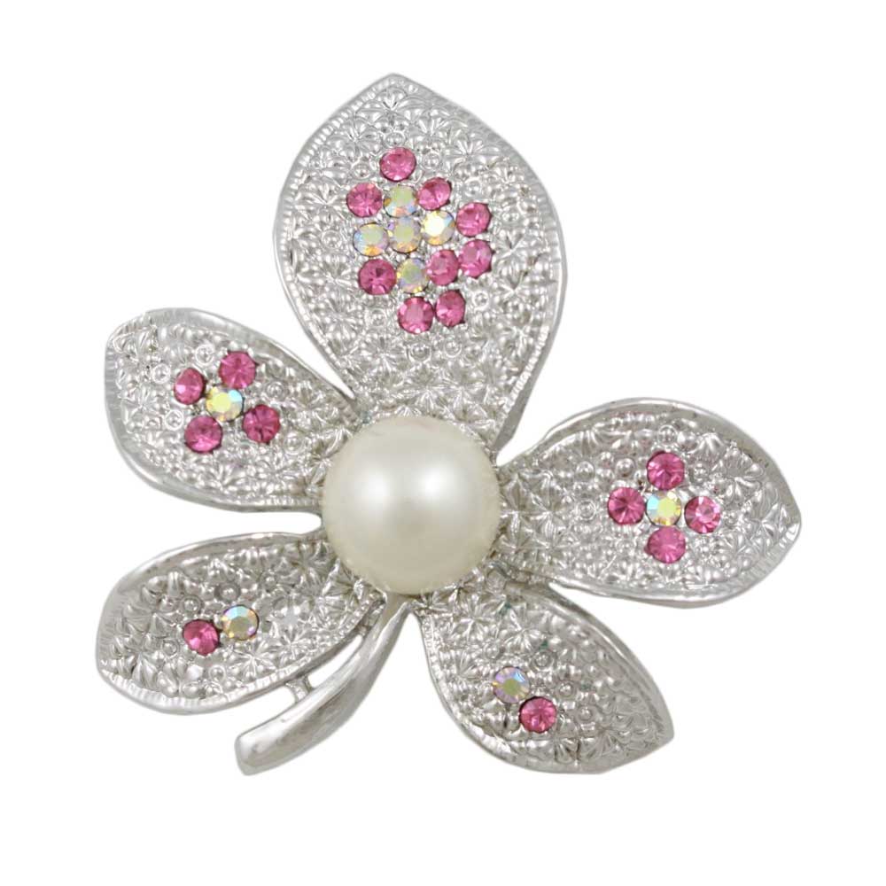 Lilylin Designs Flower with Pink Crystals and White Pearl Brooch Pin