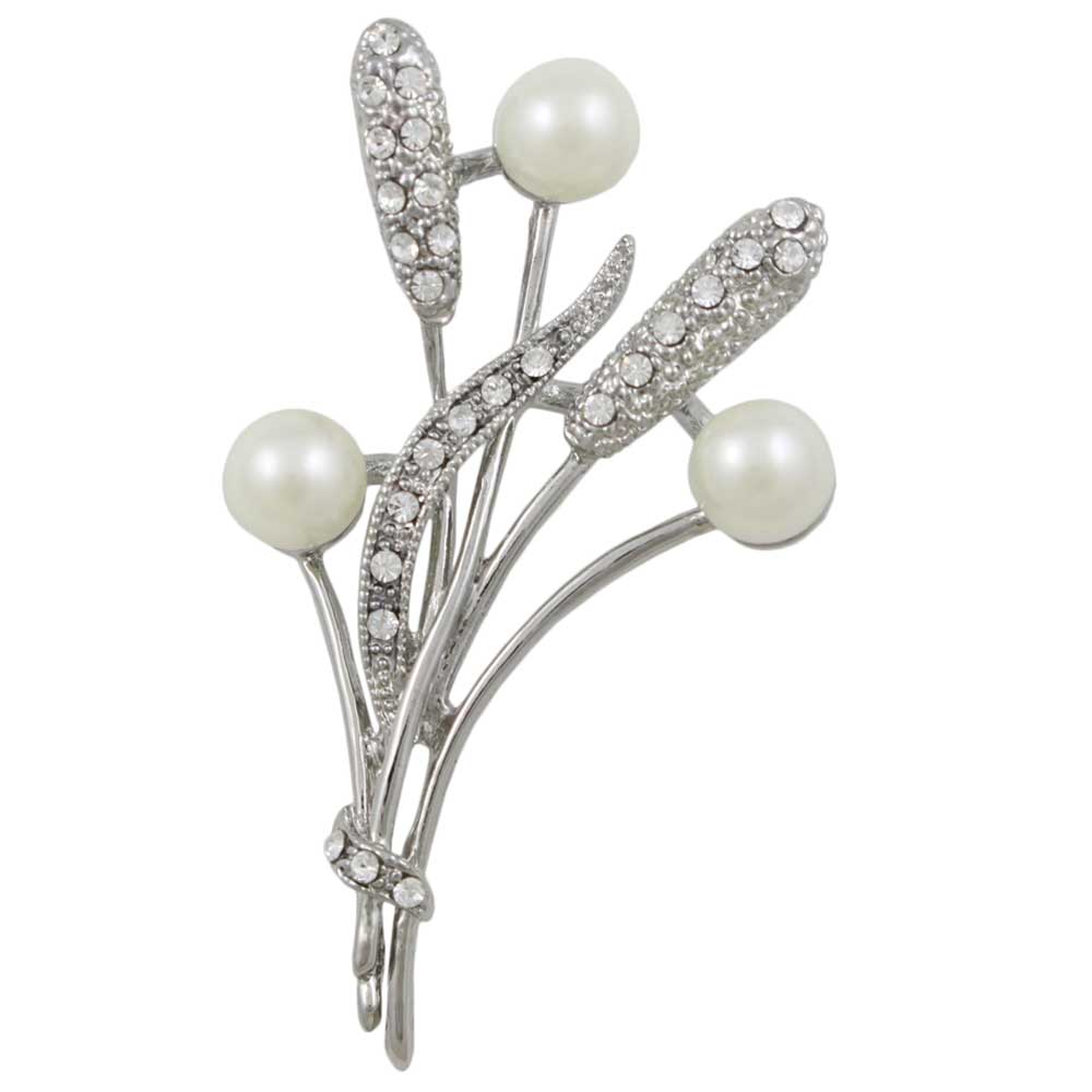 White Pearl Buds with Crystal Cattails and Leaves Brooch Pin - PRP312 - Lilylin Designs